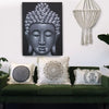 Black and silver buddha portrait on cotton cushion cover with lotus mandala and intricate dot detailing bronze tone