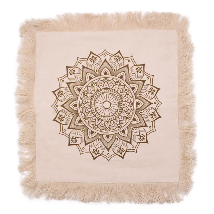 Beige cotton cushion cover with brown lotus mandala design and fringed edges in a cozy fabric texture