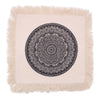 Beige cotton cushion cover with black intricate mandala design and fringed edges rectangular throw pillow