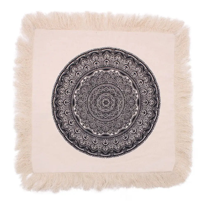 Beige cotton cushion cover with black intricate mandala design and fringed edges rectangular throw pillow