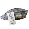 Blue cotton hemp bum-bag with herringbone pattern zipper closure and branded tags for casual use