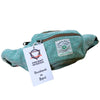 A teal and white herringbone cotton hemp bum-bag with a brown zipper branded ancient wisdom and labeled thc-free