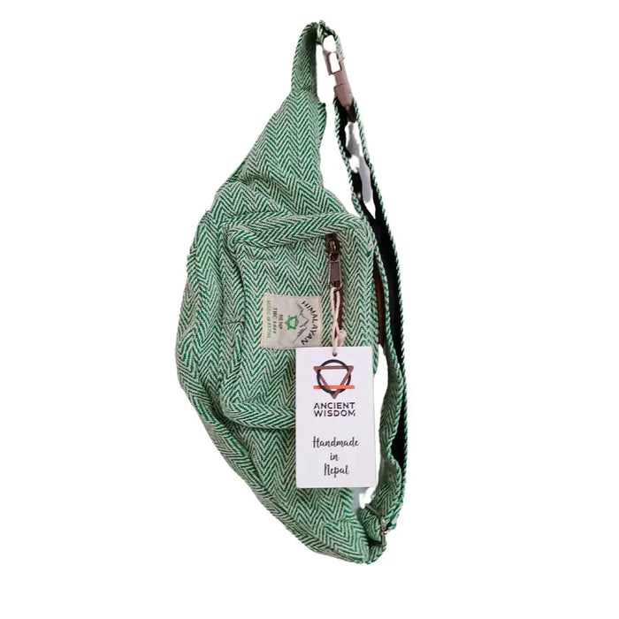 Cotton hemp sage bum-bag with green herringbone pattern zipper pocket and adjustable strap in woven fabric