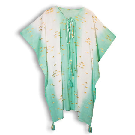 A cotton mint green and white gradient kaftan with gold fishes prints, tie-front closure, and tassels at the hem