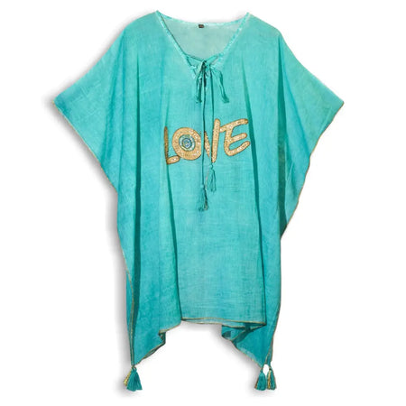Turquoise cotton kaftan with gold sequined love lettering and tassels, perfect for a relaxed summer look