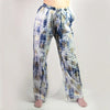 Cotton lounge pants in blue and white tie-dye with gold geometric block print for comfortable casual wear