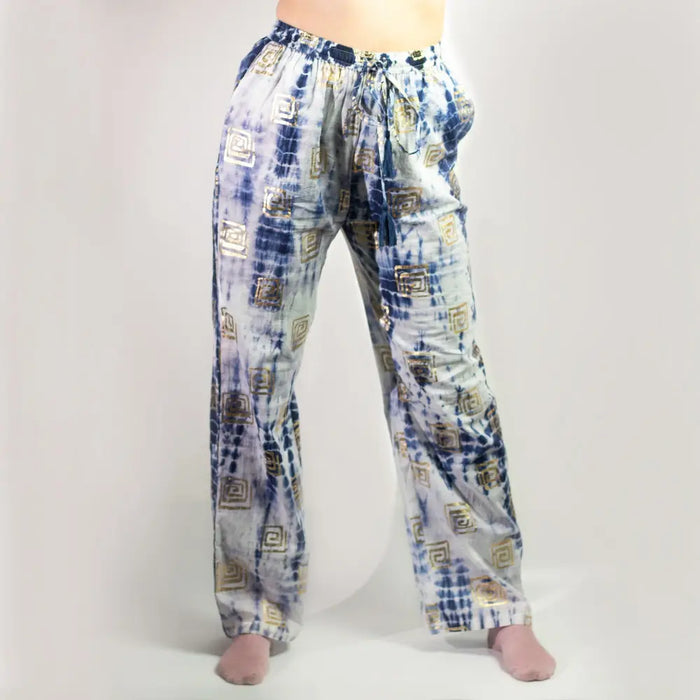 Cotton lounge pants in blue and white tie-dye with gold geometric block print for comfortable casual wear
