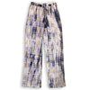 Cotton lounge pants in blue and white tie-dye with gold geometric block print for comfortable casual wear