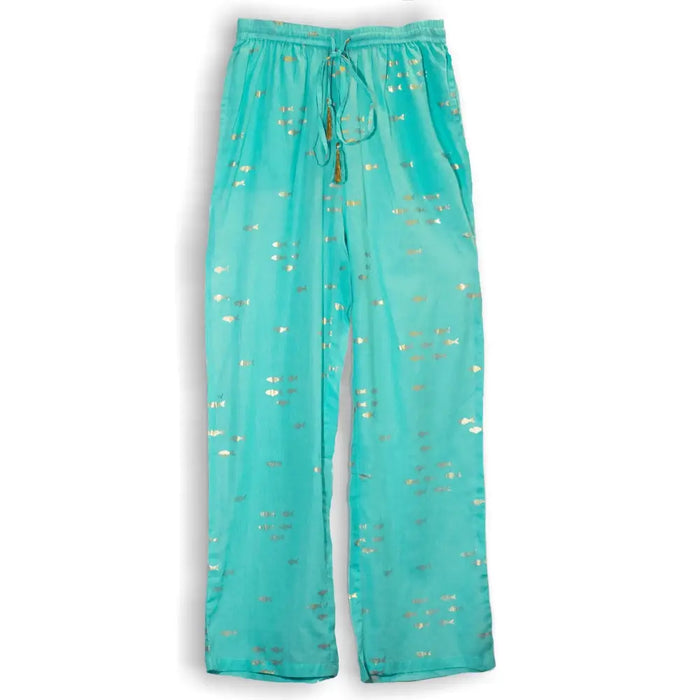 Turquoise satin lounge pants with gold foil pattern and drawstring waistband inspired by nomad sari style