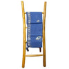 Blue cotton pareo scarf with embroidered evil eye motifs and gold circular patterns with tassels at the ends