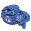 Blue cotton pareo scarf with embroidered evil eye motifs and gold silver detailing with tassels and decorative border