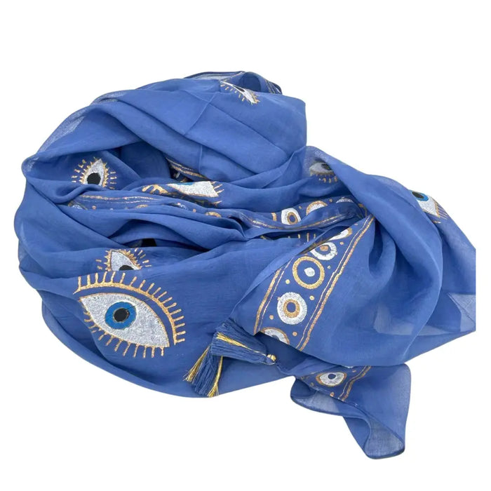 Blue cotton pareo scarf with embroidered evil eye motifs and gold silver detailing with tassels and decorative border