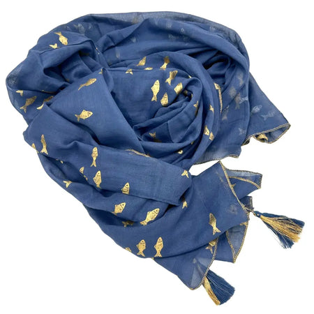 A navy blue cotton pareo with a delicate gold fish pattern and matching tassels on the edges