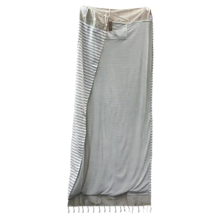 Cotton pario towel in warm sand with soft gray wrap skirt style and striped side panel with fringe hem and drawstring waistband