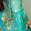A turquoise linen print dress with gold coral and starfish patterns in size m l cotton print dress