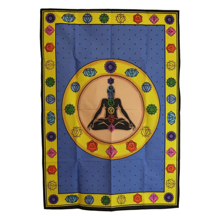 A vibrant cotton wall tapestry with a meditating figure and colorful chakra symbols on blue with yellow border