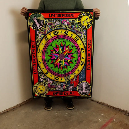 Cotton wall art tapestry with vibrant psychedelic circle of life design featuring zodiac and seasonal symbols on red border