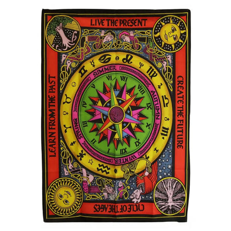 Vibrant psychedelic cotton wall tapestry with a central zodiac compass and colorful starburst celestial design