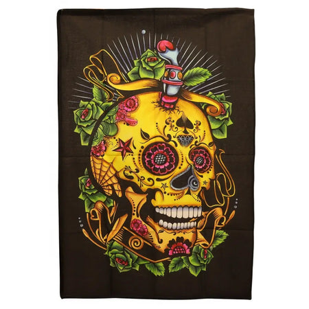 Vibrant yellow day of the dead skull cotton wall art with pink and green roses black floral patterns and clown figurine