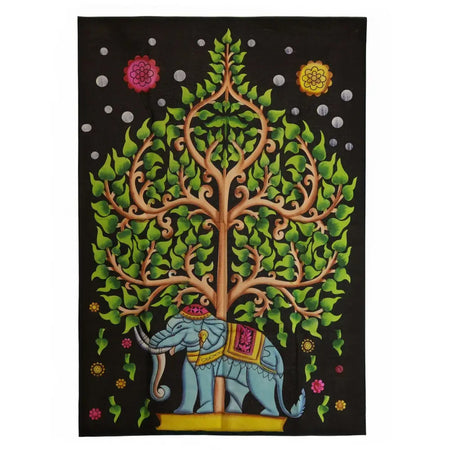 Cotton wall hanging featuring a vibrant tree of life with swirling branches and a blue elephant on a dark background