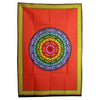 Cotton wall art with vibrant red fabric and a colorful geometric mandala featuring rainbow hues and black star patterns