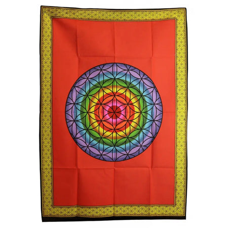 Cotton wall art with vibrant red fabric and a colorful geometric mandala featuring rainbow hues and black star patterns