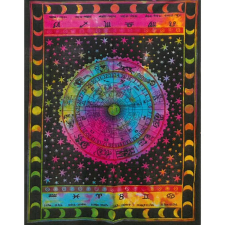 Vibrant psychedelic zodiac cotton wall art with a rainbow astrological wheel stars and moon phases on black background