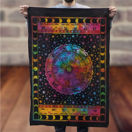 Vibrant rainbow zodiac cotton wall art with moon phases and star patterns on a black background tapestry