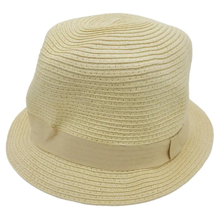 Beige cotton weave bucket hat with straw fedora style and matching fabric band shown on plain background