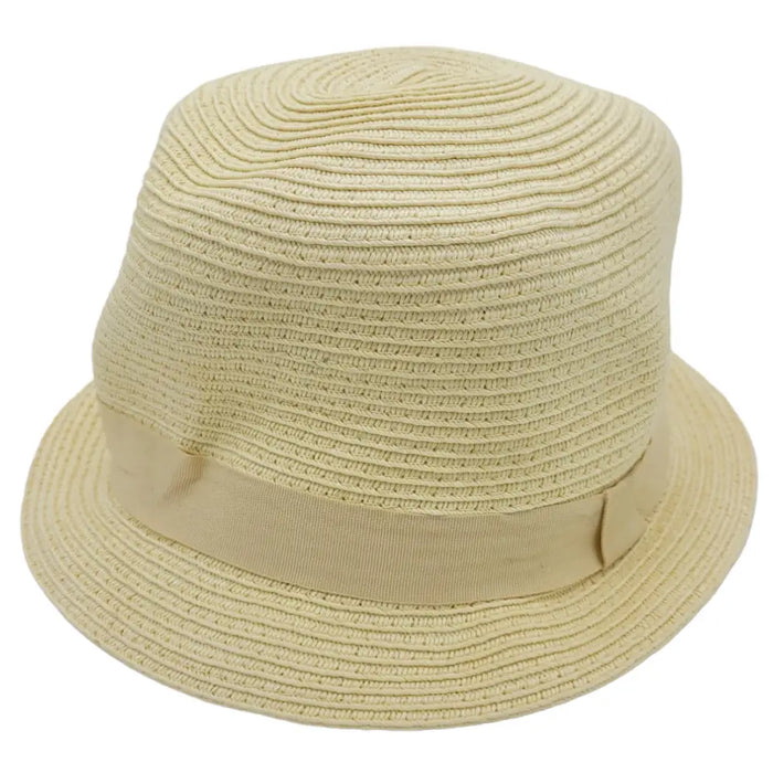 Beige cotton weave bucket hat with straw fedora style and matching fabric band shown on plain background