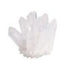 A cluster of clear quartz crystals with translucent white pointed tips and a rough textured base