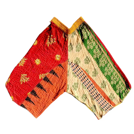 Vibrant patchwork cropped kantha trousers in red green beige and orange with embroidered floral patterns and green waistband