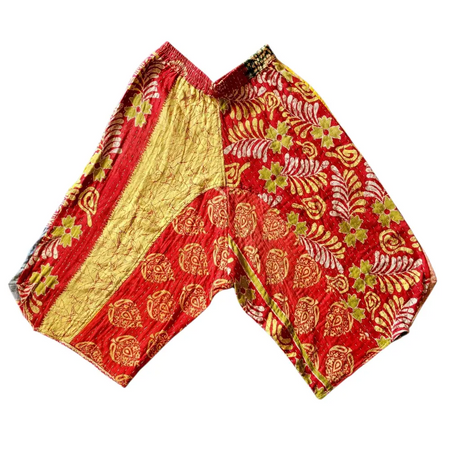 Cropped kantha trousers in vibrant red and gold with intricate floral embroidery and a red waistband