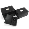A sleek black optical glass crystal ball on stand nestled in a black velvet-lined box measuring 200mm