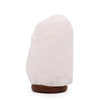 A white crystal rock himalayan salt lamp with smooth translucent surface and dark wooden base showing hygroscopic properties