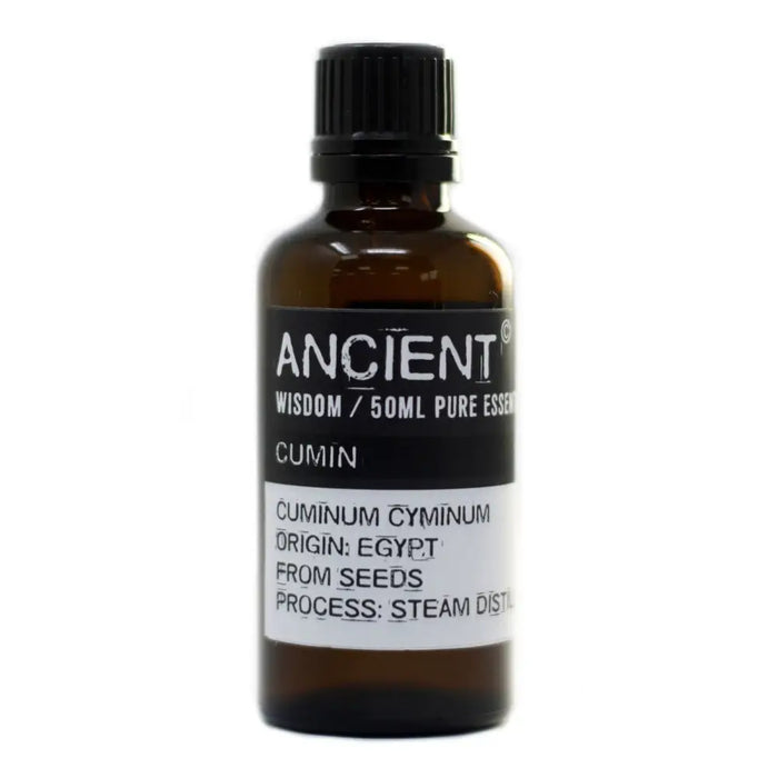 A dark amber glass bottle of cumin seed essential oil 50ml with black ribbed cap and allergen declarations from steam distillation