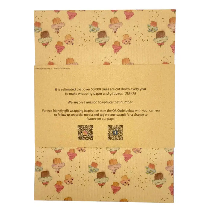 Beige recycled kraft wrapping paper sheet with cartoon pink green and brown cupcakes pattern 1m by 50cm