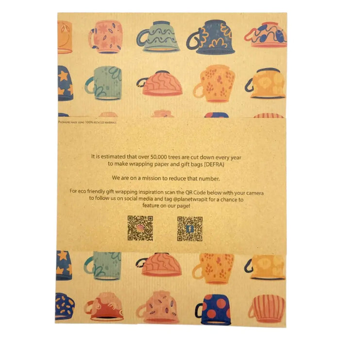 The back of a recycled kraft paper gift wrap sheet with colorful illustrated mugs in orange blue green and pink patterns