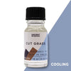 A clear glass bottle with black cap containing light cut grass fragrance oil labeled ancient wisdom with allergen declarations