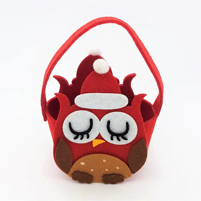 Red felt owl shaped treat bag with closed eyes brown feet and santa hat from cute little felt treat bags collection