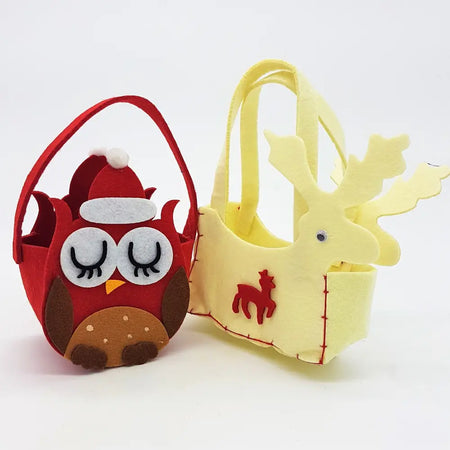 Red felt owl-shaped treat bag with closed eyes brown feet and santa hat from cute little felt treat bags collection