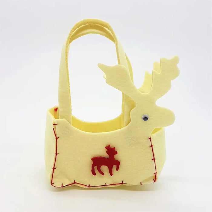 A pale yellow felt reindeer mini handbag with red stitching and a small embroidered deer on the front