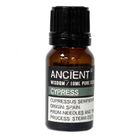 A small amber glass bottle of ancient wisdom cypress essential oil with a black cap and a 10ml label