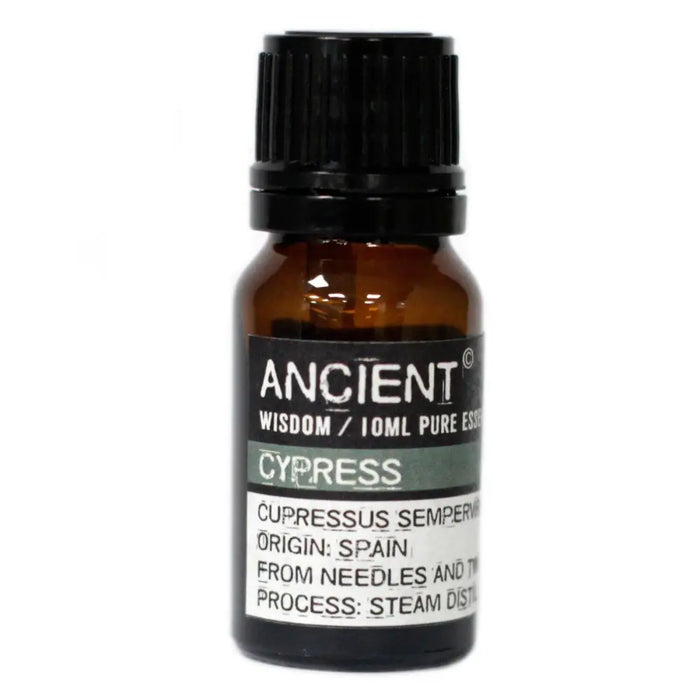 A small amber glass bottle of ancient wisdom cypress essential oil with a black cap and a 10ml label