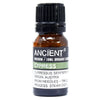 A small amber glass bottle with black cap labeled ancient wisdom 10ml cypress organic essential oil from austria with allergen declarations