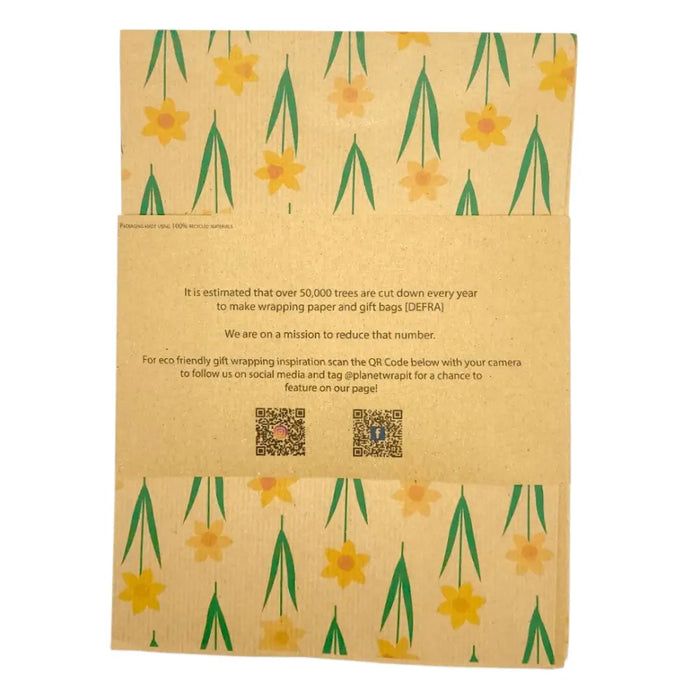 Beige recycled kraft wrapping paper with yellow daffodils and green stems gift wrap folded sheet 1m by 50cm