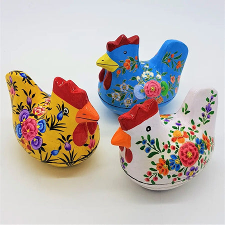 Three hand-painted ceramic hen trinket boxes in kashmiri style with vibrant floral patterns by Dalit Goods Co