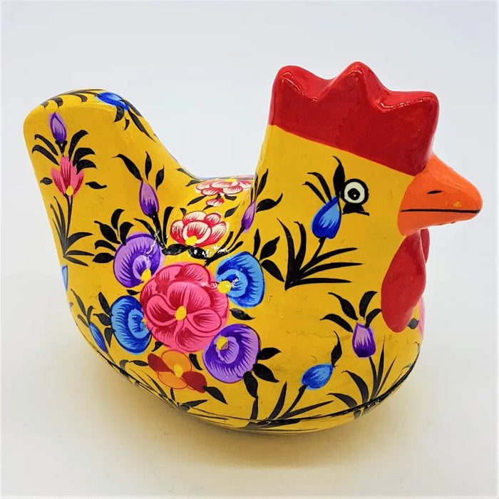 Vibrant yellow hand-painted ceramic hen trinket box with colorful floral patterns in kashmiri style by dalit goods