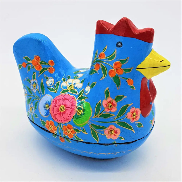 Vibrant blue dalit goods kashmiri style hen trinket box hand-painted with colorful floral patterns and red yellow accents