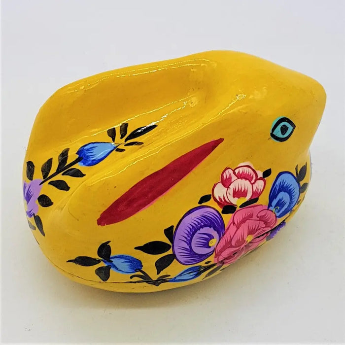 Vibrant yellow ceramic rabbit trinket box with hand-painted kashmiri style floral patterns by dalit goods co